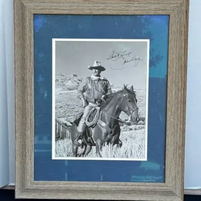 John Wayne Signed Framed Picture - Black & White, Wood Frame, Blue Border Mat, Art
