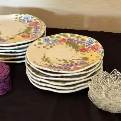 Jardine 12 Dessert Plates - Hand Painted, Floral, Purple Flower Coasters, 4 Glass Petal Bowls