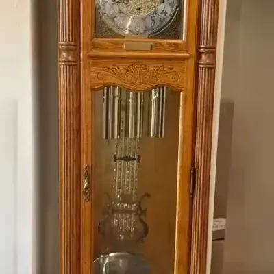 Howard Miller Golden Oak Grandfather Clock - Triple Chime, Moon Dial, Pendulum, WORKS!!