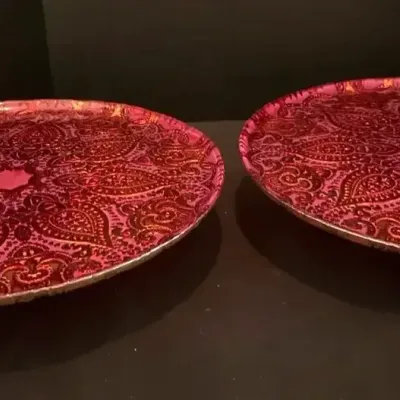 2 Turkish Art Glass Pedestal Platters - Ruby Red & Metallic Gold Paisley