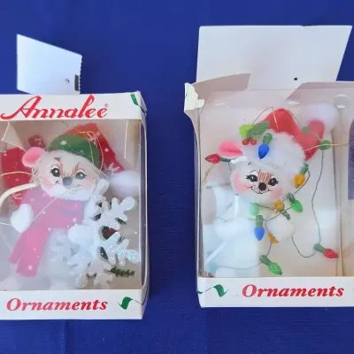2 Collectible Annalee Christmas Mouse Ornaments - Vintage White Mice, Rustic Mouse