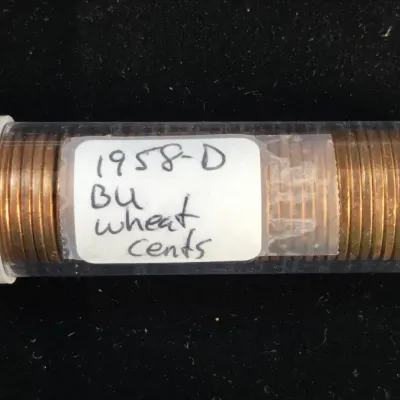 1958-D Uncirculated Lincoln Red Wheat Cent Roll, Original Bank Roll