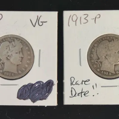 1913-P & 1914-P Silver Barber Quarters Better Dates