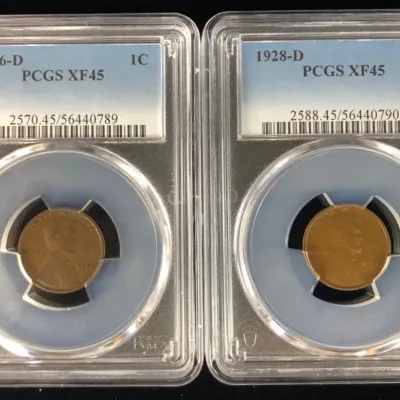 1926-D & 1928-D Better Date Lincoln Wheat Cents, PCGS XF-45, 2 Total 