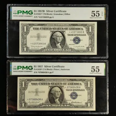 2 1957 $1.00 Silver Certificates Star Notes PMG AU-55
