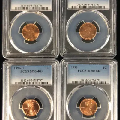 1996-D, 1996-P, 1997-D, & 1998-P AU Lincoln Cents, PCGS MS-66RD, 4 Total 