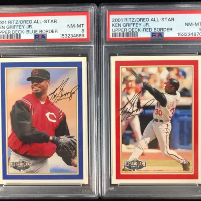 Signed 2001 Ritz/Oreo Upper Deck All-Star Red & Blue Border Ken Griffey Pair, PSA Graded 