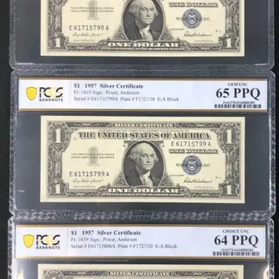 1957 Sequential Serial Number Order $1 Silver Certificates, PCGS MS-64 & 65 PPQ, 3 Total