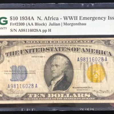 1934A $10 N-Africa WWII Emergency Issue Note, PMG VF-25