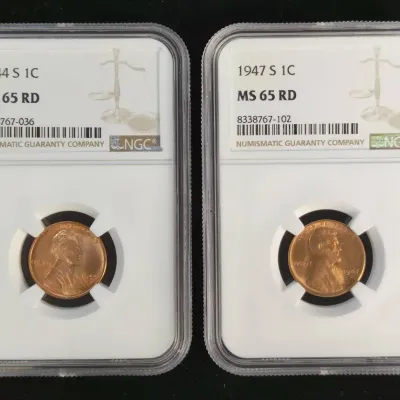 1944-S & 1947-S Lincoln Wheat Cents NGC MS-65 RD