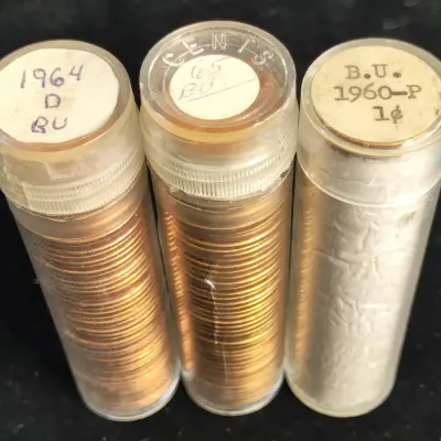 1960-P, 1964-D, 1965-P Uncirculated Red Lincoln Cent Rolls