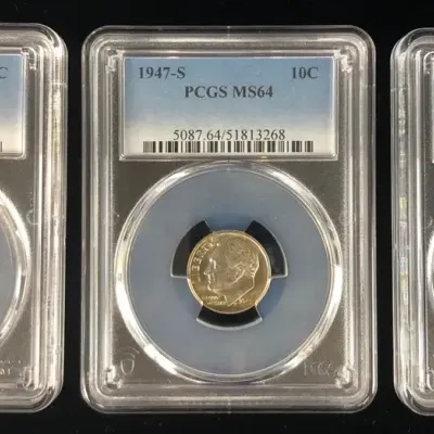 1947-P, 1947-S, & 1955-S Silver Roosevelt Dimes, PCGS MS-64, 3 Total
