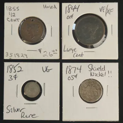 4 US Type Coins 1855 1/2 Cent 1844 Large Cent & 1852 3 Cent Silver Coin & 1874 Silver Shield Nickel