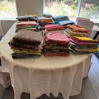 More fabric in the back porch area. This table has large and medium right now, but that may be different by Saturday.