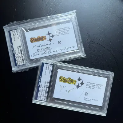 Authenticated signed pittsburgh steelers business cards rooney lebeau