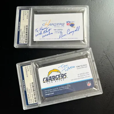 Authenticated signed san diego chargers business cards coryell telesco