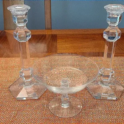 Val Saint Lambert Crystal Candlesticks & Compote Serving Dish – 3-Piece Set