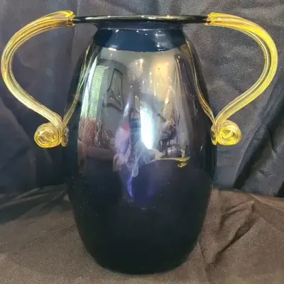Blue And Yellow Blown Glass Double Handled Vase 
