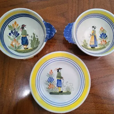 Hand Painted And Signed Henriot Quimper Plate & Bowls