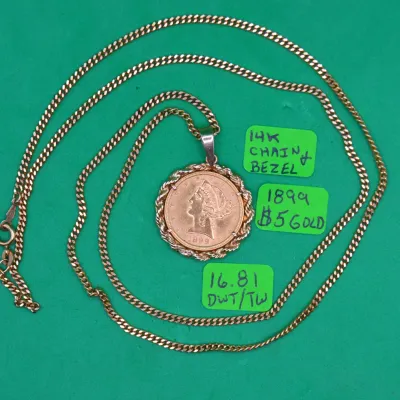 Sale Photo Thumbnail #293: 14k Chain and Bezel with $5 Gold Coin 