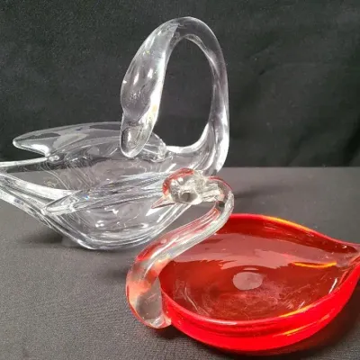 Cofrac Art Verrier Crystal Glass Swan Bowl & Ruby Tone Swan Trinket Dish