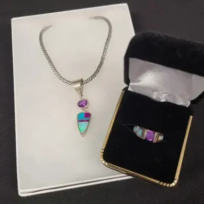 Sterling Sliver Purple Stone With Turquoise Tones Necklace and Ring