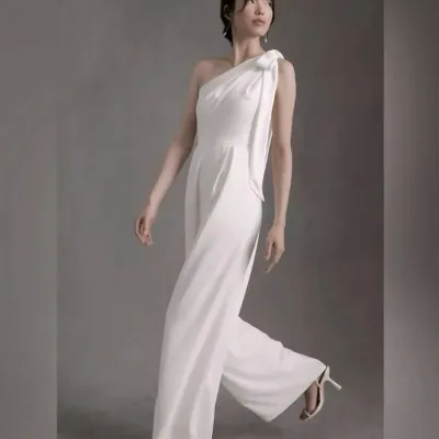 Sale Photo Thumbnail #54: Amsale Ivory Lottie One-Shoulder Wide-Leg Jumpsuit