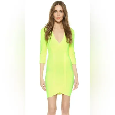 Sale Photo Thumbnail #57: Herve Leger Neon Yellow/Green 'Nathalia' V-Neck 3/4 Sleeve Bandage Mini Dress