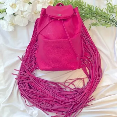 Sale Photo Thumbnail #50: Paris Valtadoros Mykonos Fuchsia Pebbled Leather Fringe Small Staple Backpack