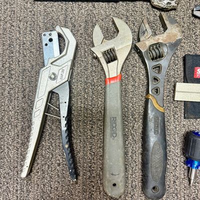 Sale Photo Thumbnail #369: Includes 2 crescent wrenches, paint can opener, screwdrivers, telescopic mirror, pliers, and more.