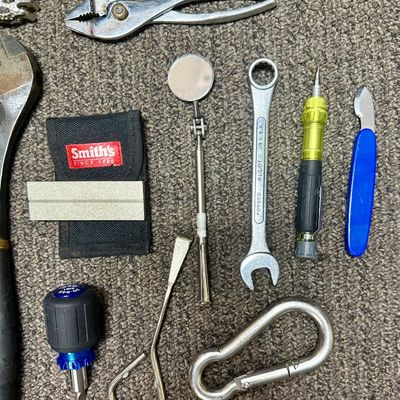 Sale Photo Thumbnail #370: Includes 2 crescent wrenches, paint can opener, screwdrivers, telescopic mirror, pliers, and more.