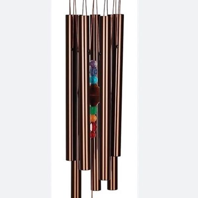 Sale Photo Thumbnail #273: Copper tubes and a central cord holding colored beads and a wood striker.  All parts included except 2 of the colored stones are missing. Wind chime needs the chime tube hanging cords and central chime striker cord reattached. Last photo shows a properly 