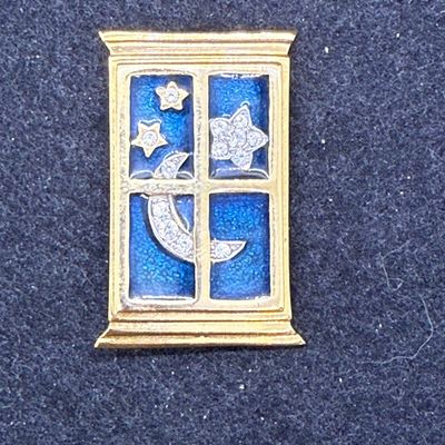 Sale Photo Thumbnail #75: Gold-tone window from with a dark blue sky, and bejeweled moon and stars. In great condition.
