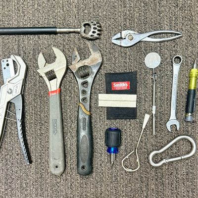 Sale Photo Thumbnail #368: Includes 2 crescent wrenches, paint can opener, screwdrivers, telescopic mirror, pliers, and more.