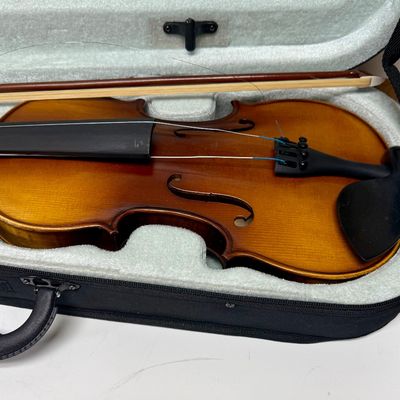 Sale Photo Thumbnail #20: Violin needs to be re-strung, but it otherwise is in near-new condition. Violin and bow both store inside the lined case. See photos for other details.