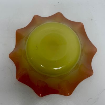 Sale Photo Thumbnail #30: Very good condition, possibly from Mt. Washington or Webb. Features an ombre or amberina-style color gradient from yellow to orange/red.  Approx. 9.5" across.