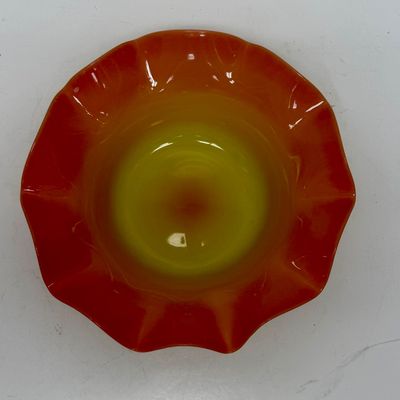 Sale Photo Thumbnail #29: Very good condition, possibly from Mt. Washington or Webb. Features an ombre or amberina-style color gradient from yellow to orange/red.  Approx. 9.5" across.