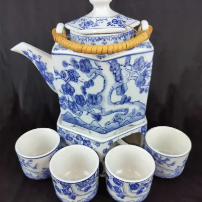 Chinese Blue and White Porcelain Teapot, Warmer, and Four Cups