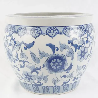 Blue & White Chinese Floral Porcelain Fishbowl Planter