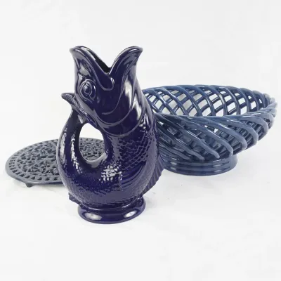 Wade Gluggle Jug Fish Pitcher with Blue Ceramic Basket & Trivet