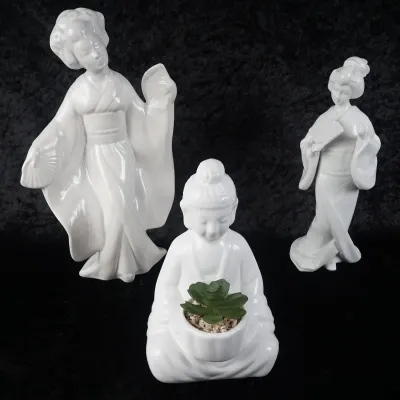 Two White Porcelain Geisha Figurines & Seated Buddha Succulent Planter