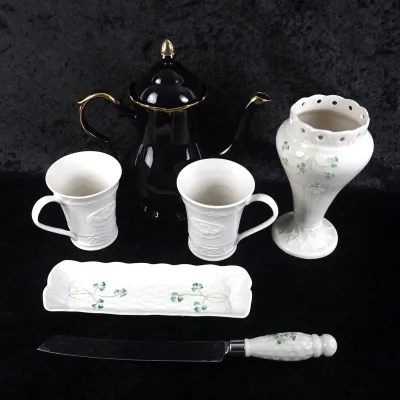 Belleek Ireland Shamrock Porcelain & Black Gold-Trim Teapot, 6 Pieces
