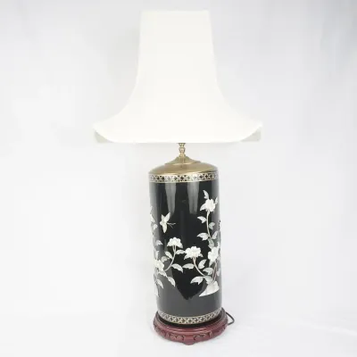Chinese Black Lacquer Mother-of-Pearl Floral Table Lamp with Shade #1