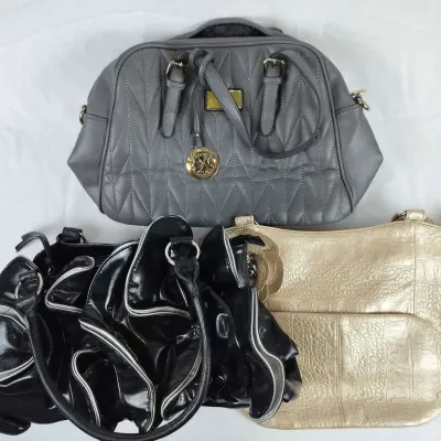 3 Handbags: Christian Lacroix Gray Satchel, Black Patent & Gold Metallic Totes