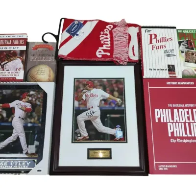 Phillies Memorabilia with Signed Shane Victorino Photo, Utley Plaque & Books