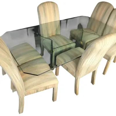 MCM Full Glass Dining Table With Six Striped Upholstered Chairs