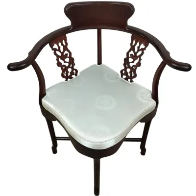 Chinese Vintage Carved Hardwood Corner Chair With Brocade Cushion #2