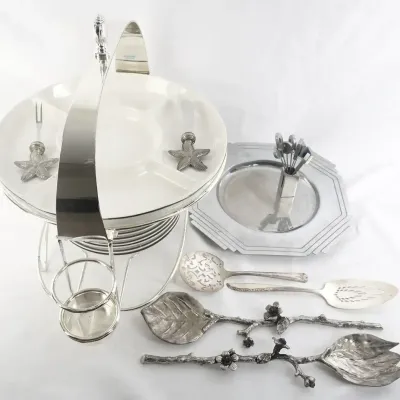 Vintage Metal Branch Salad Serving Set, Silver Plate Buffet Caddy, & Plates