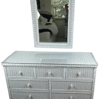 White Wicker Seven-Drawer Dresser With Glass Top and Matching Mirror