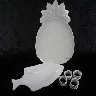 Lenox White Porcelain Pineapple Platter, Fish Serving Bowl & 4 Napkin Rings